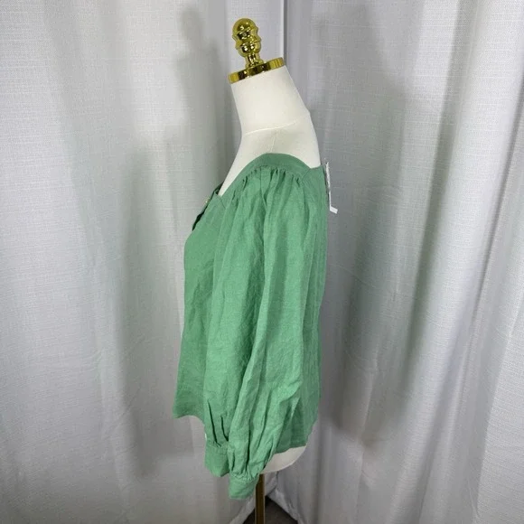 NEW J. Crew 100% Linen Women's Medium Green Top Blouse Preppy Office Puff Sleeve - Picture 4 of 12